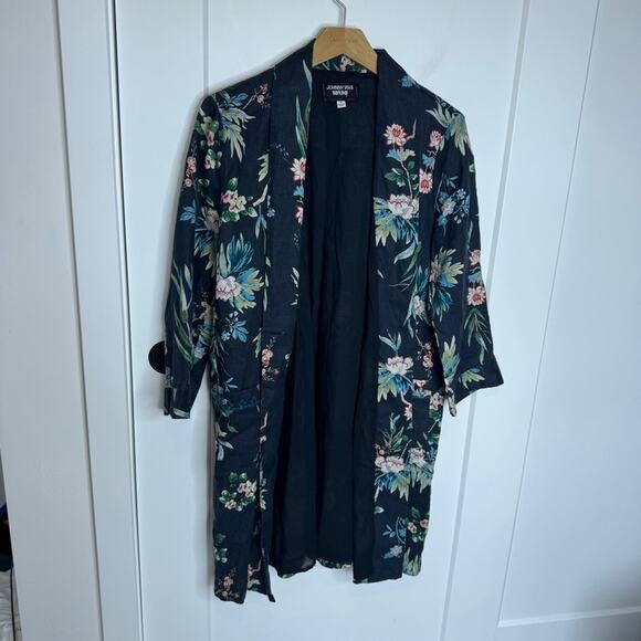 Johnny Was 100% Linen Longline Kimono Jacket Black Floral Print Boho Size Medium - Picture 2 of 7